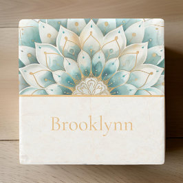 Aquamarin Blue Gold Floral Mandala Personalisiert Steinuntersetzer