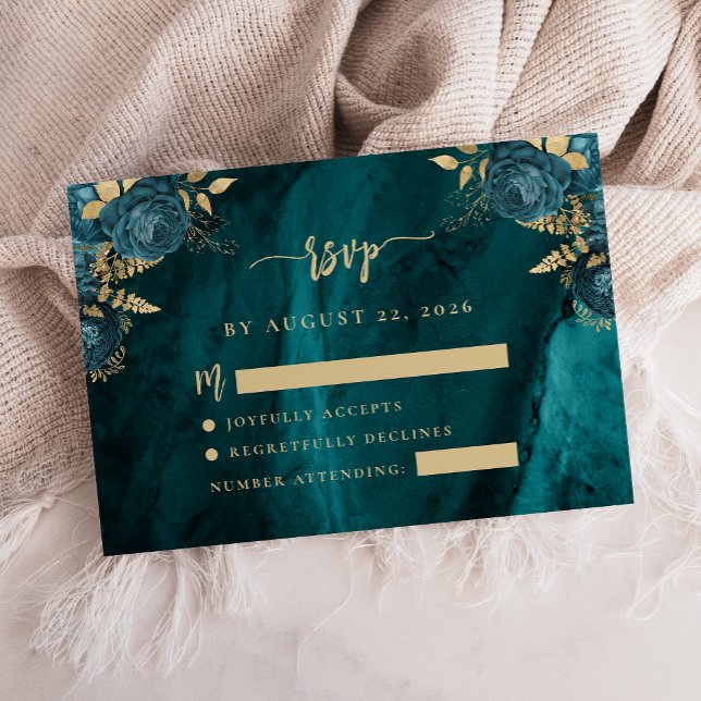 Aquamarin Blue Gold Floral Script Hochzeit RSVP Begleitkarte (Von Creator hochgeladen)