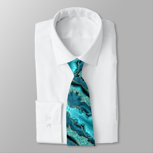 Aquamarin Blue Gold Glitzer Funkelnd Neck Tie Krawatte (Gebunden)