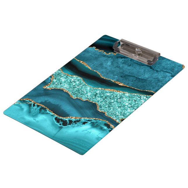 Aquamarin Blue Gold Glitzer Marbella Türkis Zwisch Klemmbrett (Schrägansicht)