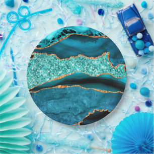 Aquamarin Blue Gold Glitzer Marble Aqua Paper Tell Pappteller