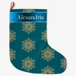 Aquamarin Blue Gold Glitzer Snowflakes Weihnachtsn Großer Weihnachtsstrumpf