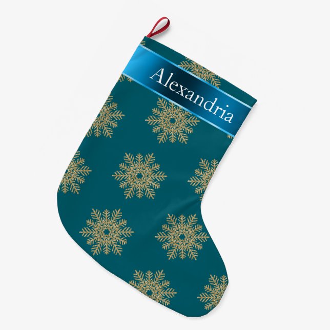 Aquamarin Blue Gold Glitzer Snowflakes Weihnachtsn Großer Weihnachtsstrumpf (Vorderansicht (hängend))