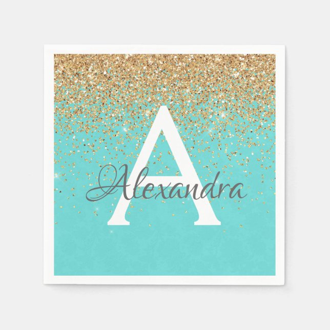 Aquamarin Blue Gold Glitzer & Sparkle Monogram Bir Serviette (Vorderseite)