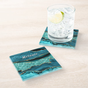Aquamarin Blue Gold Marble Individuelle Name Glass Glasuntersetzer