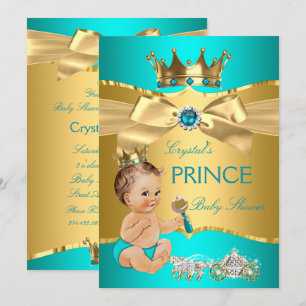Aquamarin Blue Gold Prince Baby Dusche Brünetter J Einladung