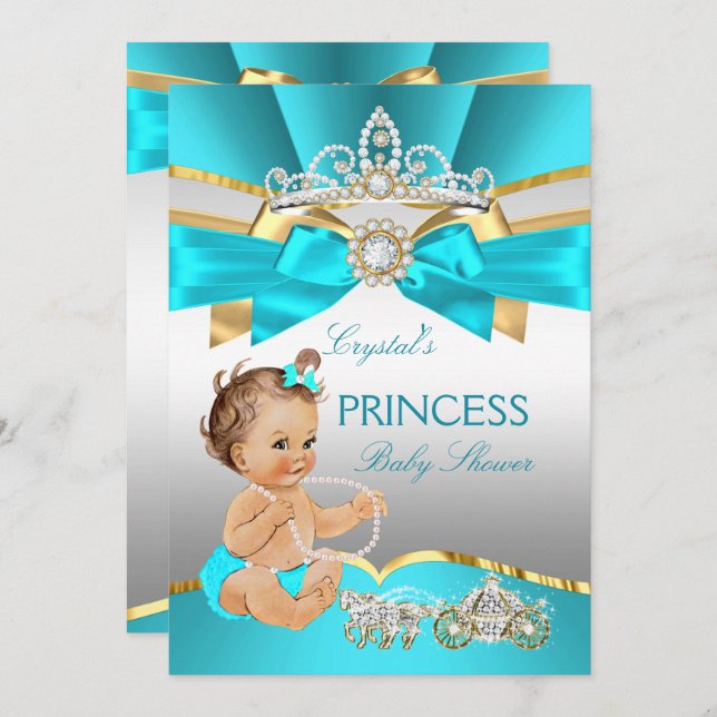 Aquamarin Blue Gold Princess Baby Dusche Brünett Einladung (Vorne/Hinten)