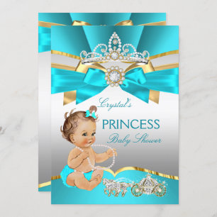 Aquamarin Blue Gold Princess Baby Dusche Brünett Einladung