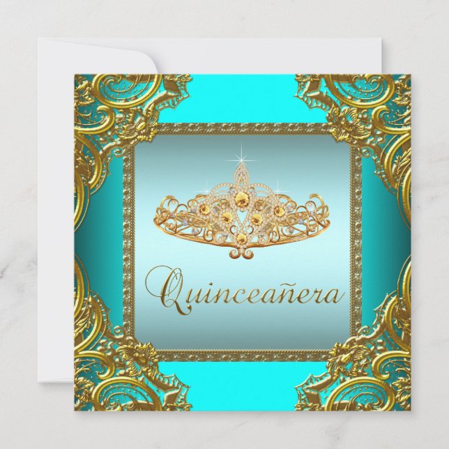 Aquamarin Blue Gold Tiara Quinceanera Einladung (Vorderseite)