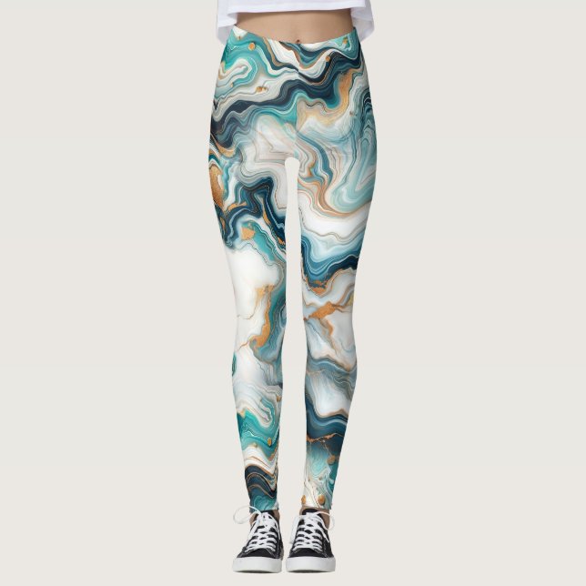 Aquamarin Blue Gold White Modern Marble Agate Wedd Leggings (Vorderseite)