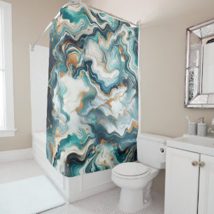 Aquamarin Blue Gold White Modern Marbour Agate Duschvorhang