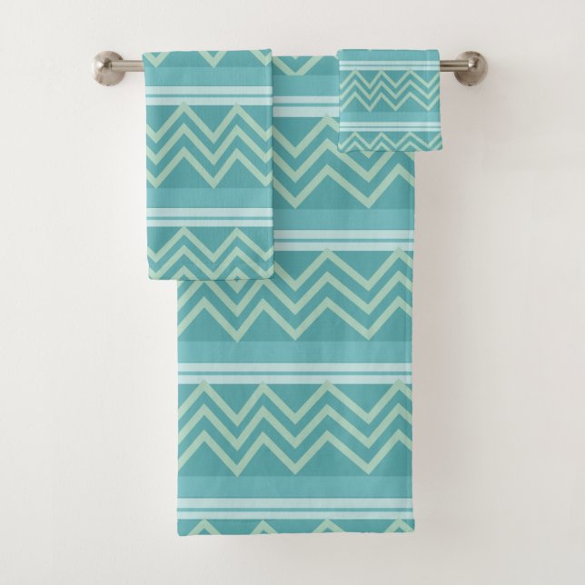 Aquamarin Blue Green Geometric Zickzack Zigzag Mus Badhandtuch Set (Insitu)