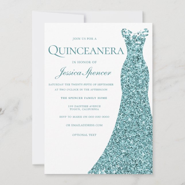 Aquamarin Blue Green Glitzer Dress Quinceanera Par Einladung (Vorderseite)