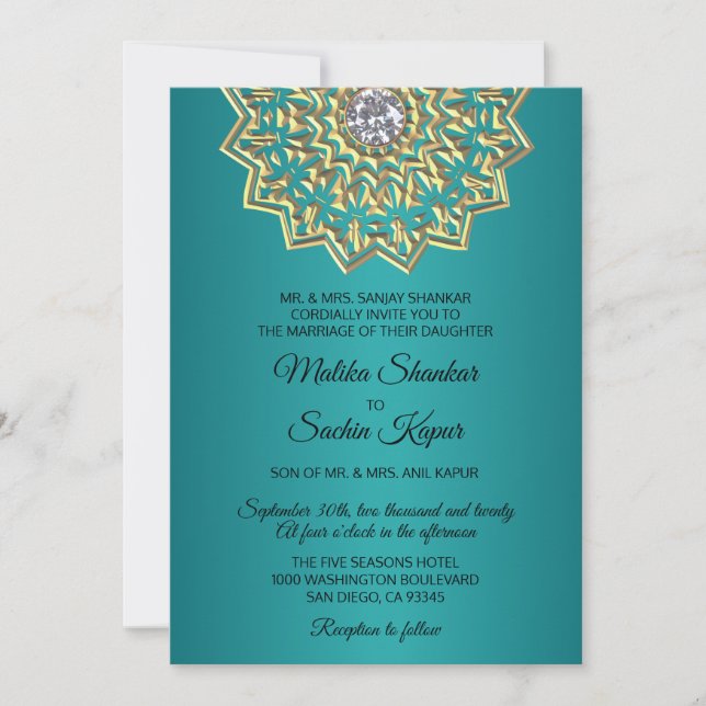 Aquamarin Blue Green Mandala Gold Indian Wedding Einladung (Vorderseite)