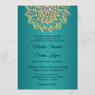 Aquamarin Blue Green Mandala Gold Indian Wedding Einladung