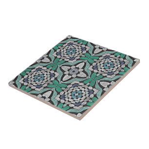 Aquamarin Blue Green Turquoise Floral Ethnic Stamm Fliese