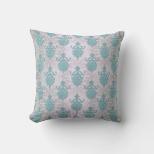 Aquamarin Blue Green und Silvery White Damask Kissen