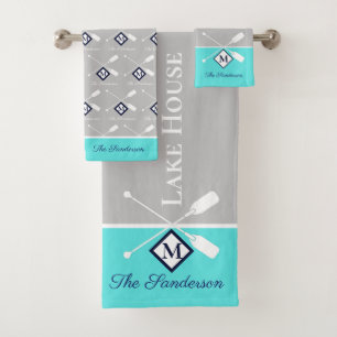 Aquamarin Blue Grey Monogram Lake House Nautic Badhandtuch Set