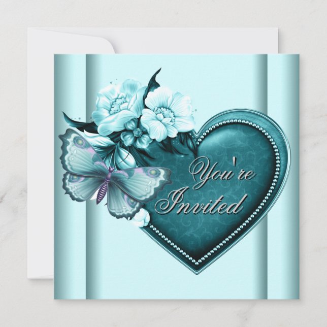 Aquamarin Blue Heart Butterfly Aquamarin Blue Part Einladung (Vorderseite)