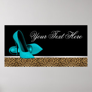Aquamarin Blue High Heel Shoes Leopard Party Banne Poster