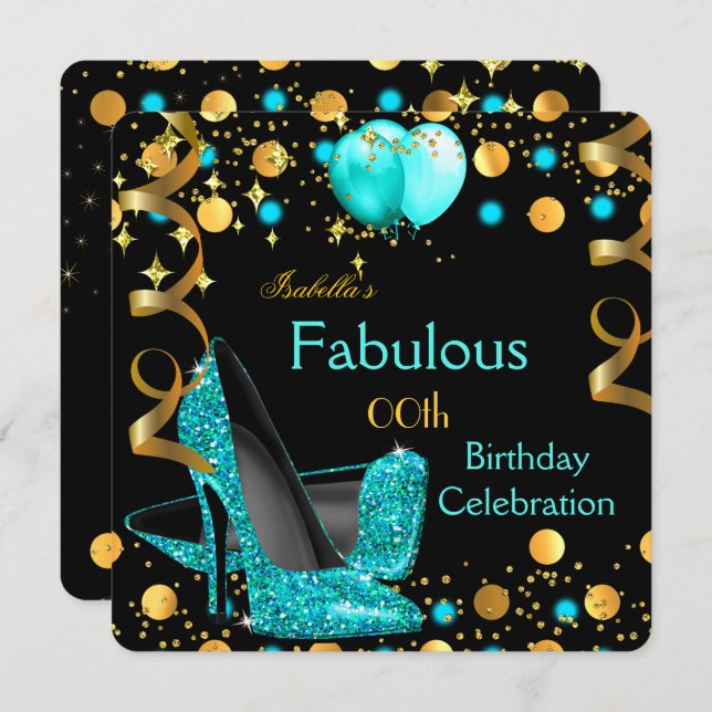 Aquamarin Blue High Heels Gold Balloons Geburtstag Einladung (Vorne/Hinten)