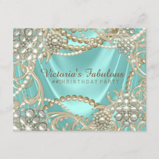 Aquamarin Blue Ivory Pearl Birthday Party Einladung