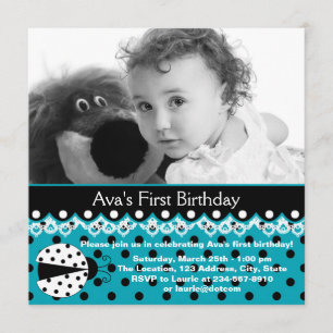Aquamarin Blue Ladybug Girls Foto 1. Geburtstag Pa Einladung