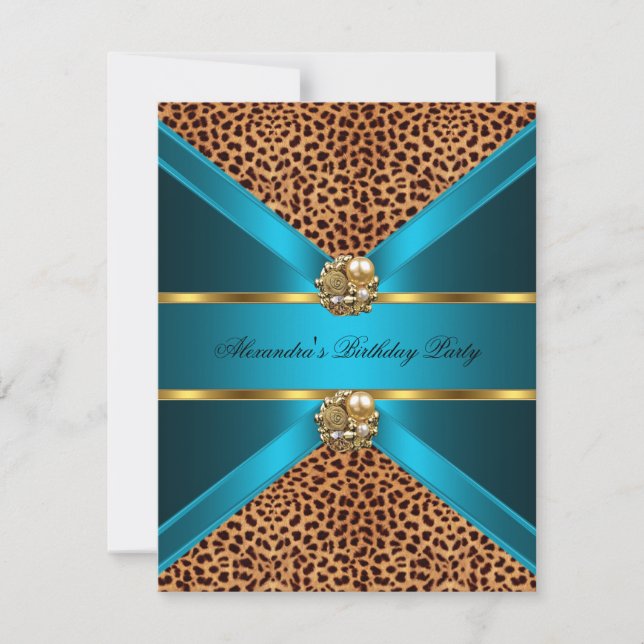 Aquamarin Blue Leopard Gold Elegant Black Birthday Einladung (Vorderseite)