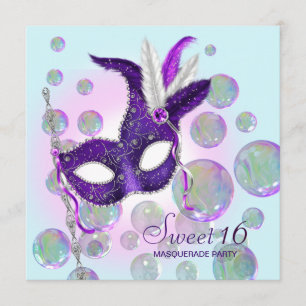 Aquamarin Blue Lila Bubbles 16 . Geburtstag Masque Einladung
