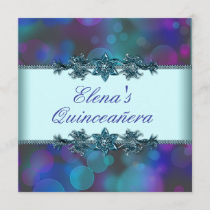 Aquamarin Blue Lila Bubbles Quinceanera Einladung