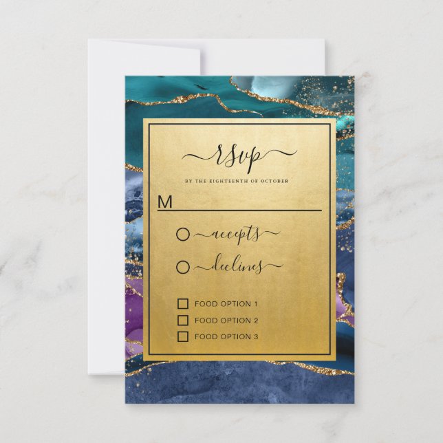 Aquamarin Blue Lila Gold Glitzer Agate Wedding RSVP Karte (Vorderseite)