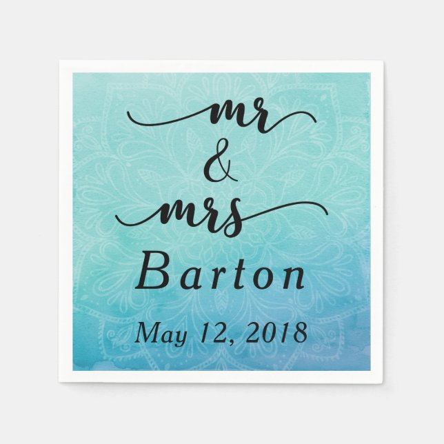 Aquamarin & Blue Mandala Wedding "Mr & Mrs." Typog Serviette (Vorderseite)