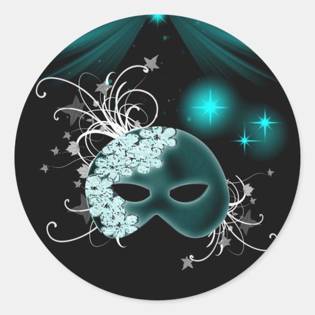 Aquamarin Blue Mardi Gras Mask Umschlag Aufkleber  (Vorderseite)