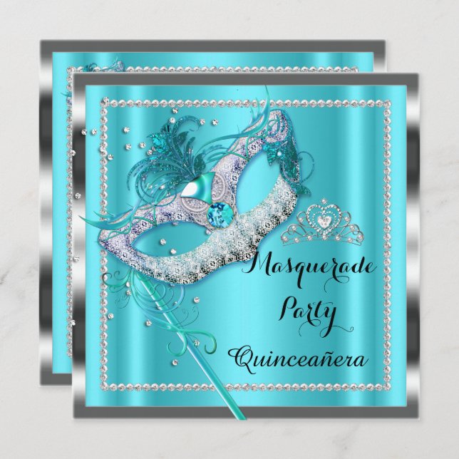Aquamarin Blue Masquerade Quinceanera Party Maske  Einladung (Vorne/Hinten)