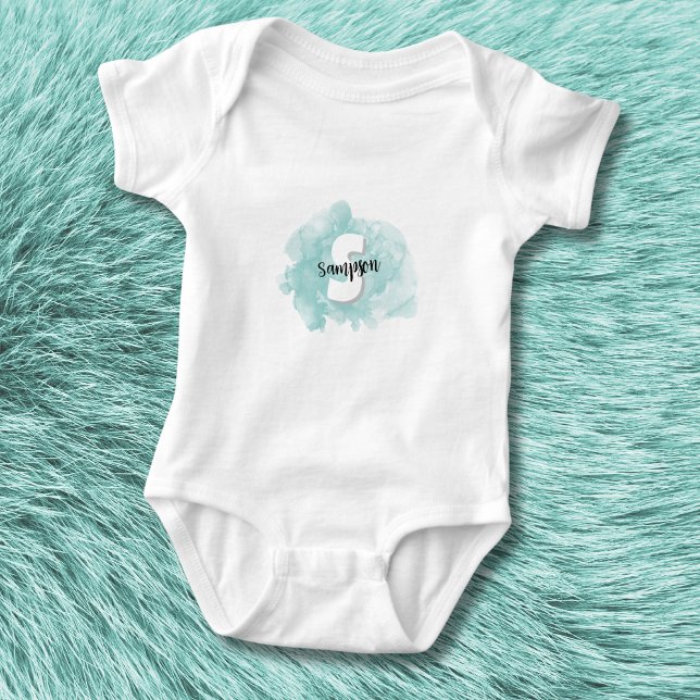 Aquamarin Blue Monogram Baby Boy Baby Strampler (Cute Modern Watercolor Teal Blue Monogram Baby Boy Baby Bodysuit)