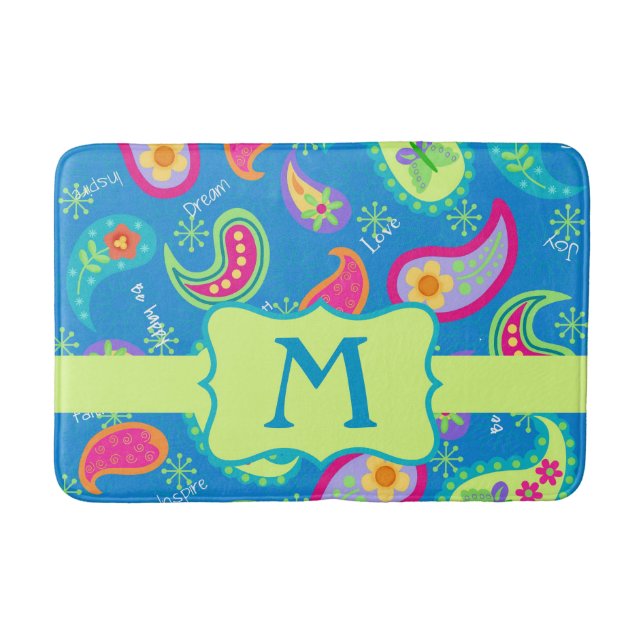 Aquamarin Blue Monogram Modern Paisley Pattern Badematte (Vorderseite)