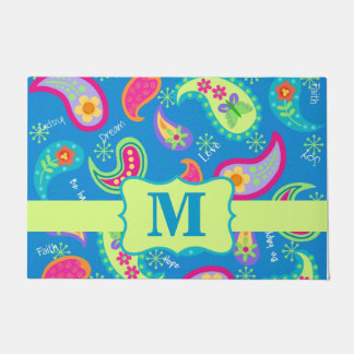 Aquamarin Blue Monogram Modern Paisley Pattern Fußmatte
