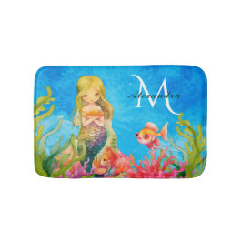 Aquamarin Blue Monogram Name Mermaid Badematte