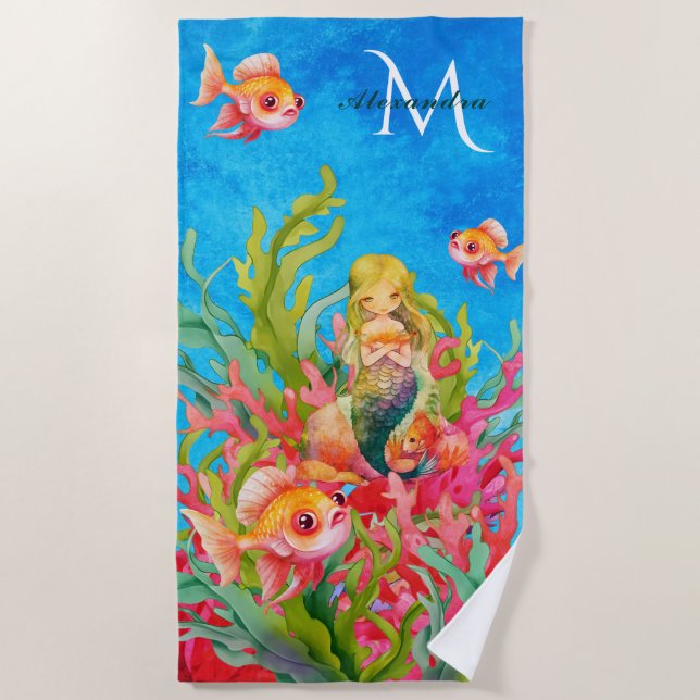 Aquamarin Blue Monogram Name Mermaid Beach Handtuc Strandtuch (Vorderseite)