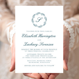 Aquamarin Blue Monogram Wreath Script Wedding Einladung
