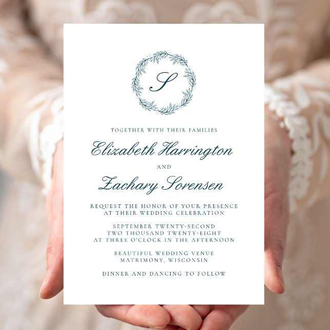 Aquamarin Blue Monogram Wreath Script Wedding Einladung (Von Creator hochgeladen)