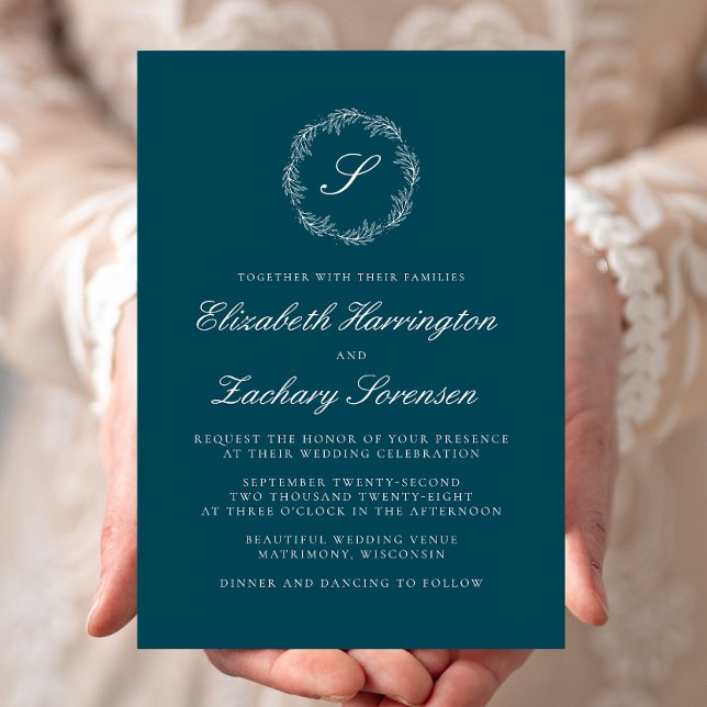 Aquamarin Blue Monogram Wreath White Script Weddin Einladung (Von Creator hochgeladen)