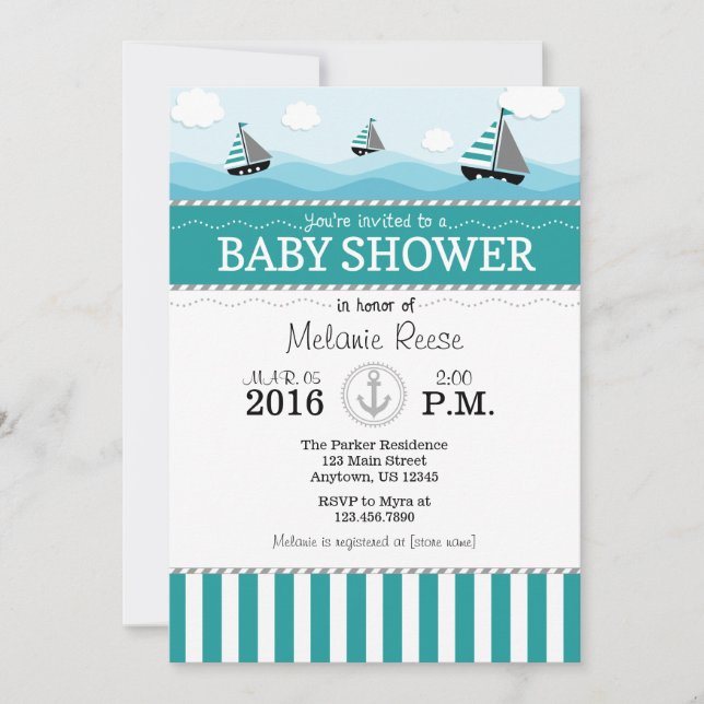 Aquamarin Blue Nautical Baby Shower Einladung (Vorderseite)