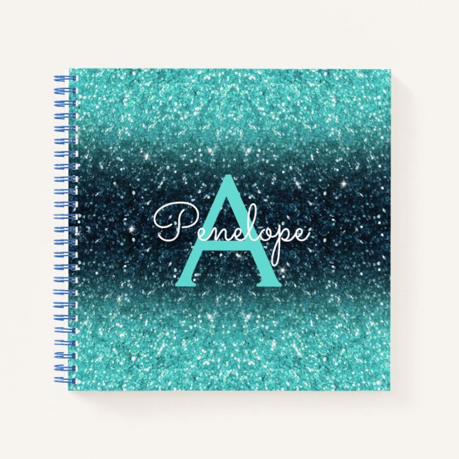 Aquamarin Blue Ombre Glitzer und Monogram Sketchbo Notizbuch (Vorderseite)