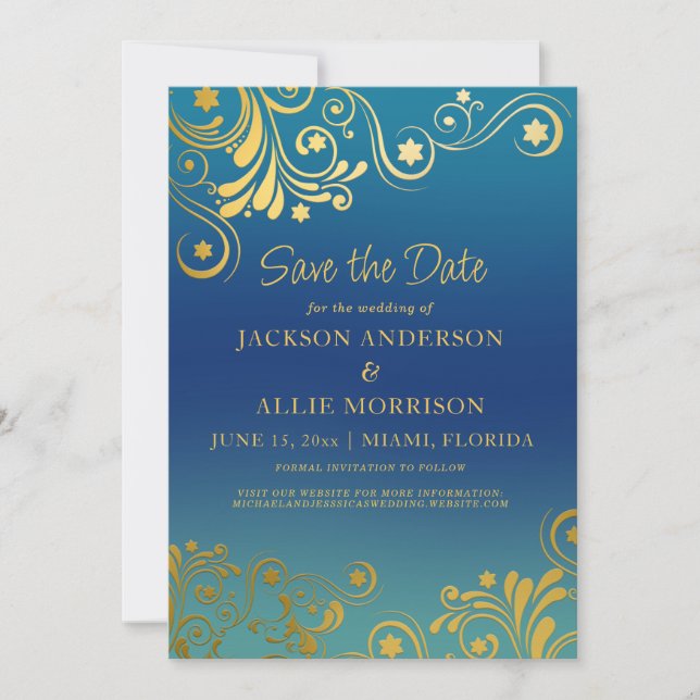 Aquamarin Blue Ombre' Gold Blüh Foto Wedding Save The Date (Vorderseite)