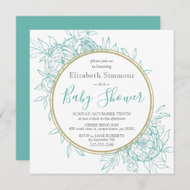 Aquamarin Blue Peony Modern Floral Toile Baby Dusc Einladung