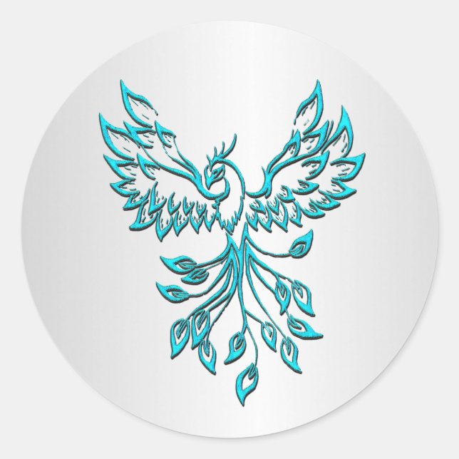 Aquamarin Blue Phoenix auf Silver Runder Aufkleber (Vorderseite)