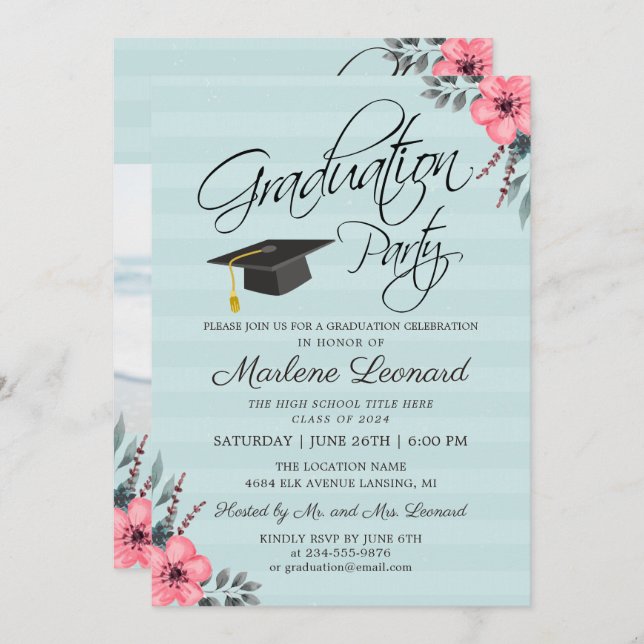 Aquamarin Blue Pink Floral Gold Script Foto Abschl Einladung (Vorne/Hinten)