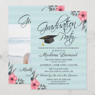 Aquamarin Blue Pink Floral Gold Script Foto Abschl Einladung