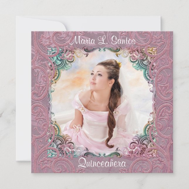 Aquamarin Blue Pink Picture Quinceanera Einladung (Vorderseite)